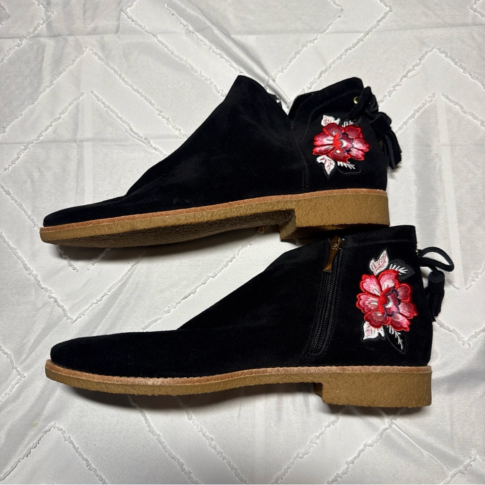 Kate Spade Black Ankle Boots with Red Floral Embroidery